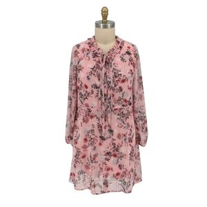 Kensie Floral Tunic Dress Pink L bohemian long sleeves cottagecore chiffon